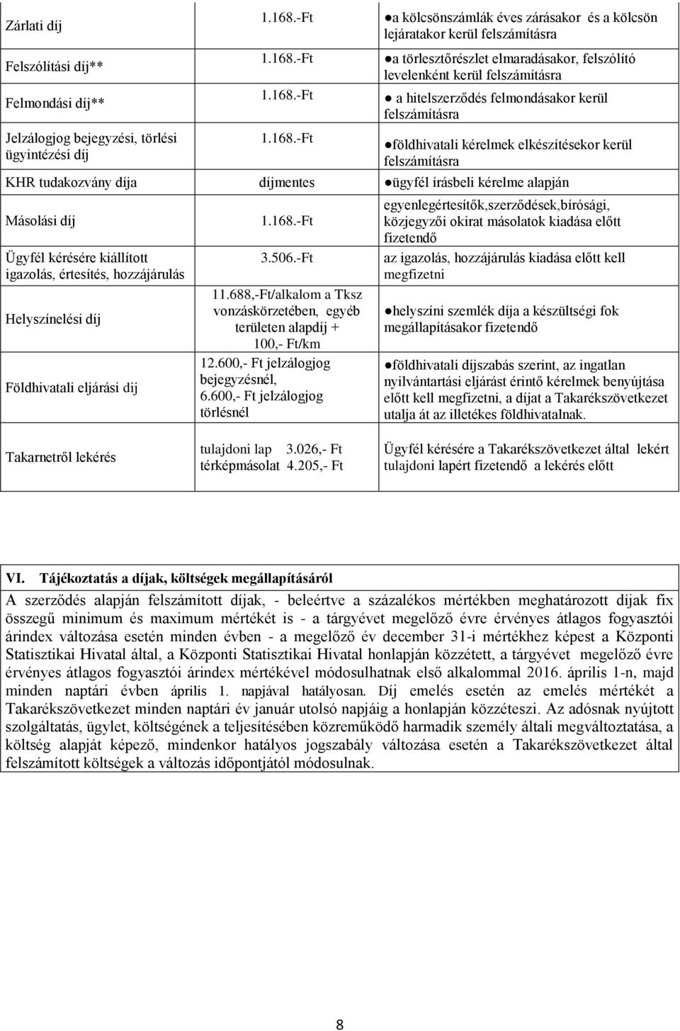 -Ft a kölcsönszámlák éves zárásakor és a kölcsön lejáratakor kerül felszámításra a törlesztőrészlet elmaradásakor, felszólító levelenként kerül felszámításra a hitelszerződés felmondásakor kerül