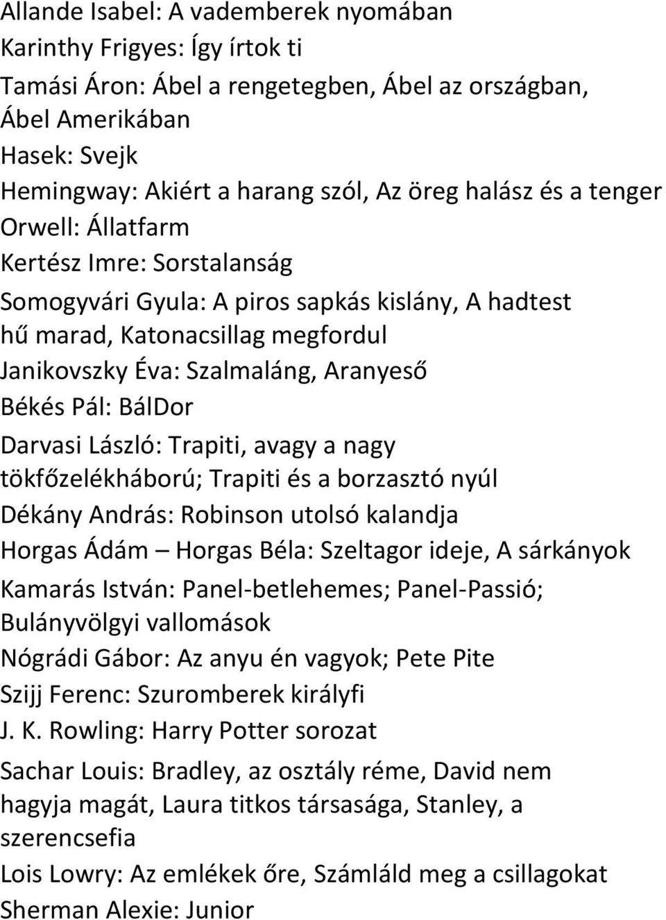 Darvasi László: Trapiti, avagy a nagy tökfőzelékháború; Trapiti és a borzasztó nyúl Dékány András: Robinson utolsó kalandja Horgas Ádám Horgas Béla: Szeltagor ideje, A sárkányok Kamarás István: