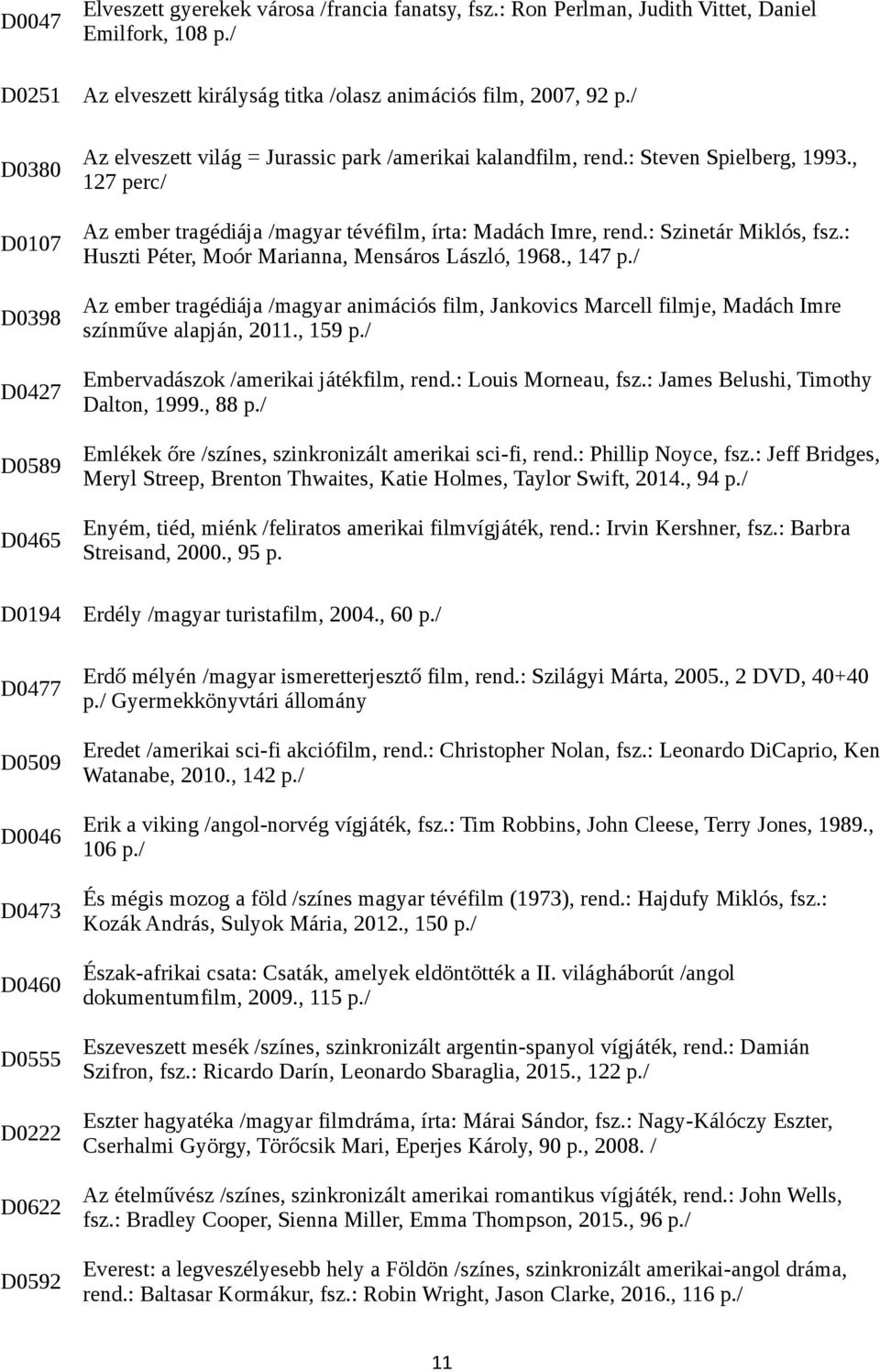 : Steven Spielberg, 1993., 127 perc/ Az ember tragédiája /magyar tévéfilm, írta: Madách Imre, rend.: Szinetár Miklós, fsz.: Huszti Péter, Moór Marianna, Mensáros László, 1968., 147 p.