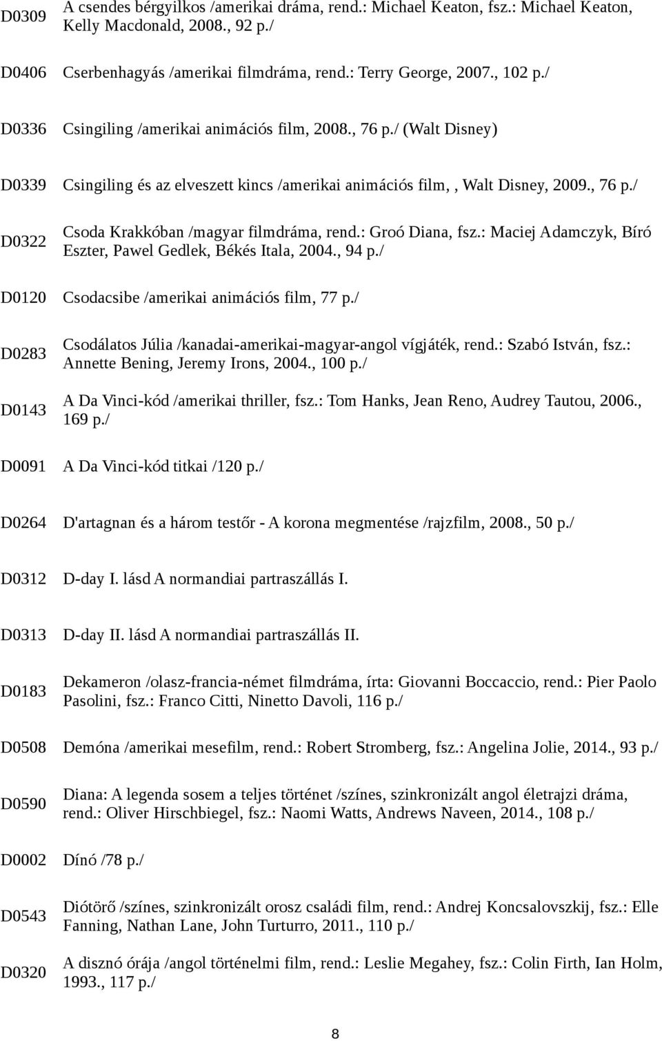 : Groó Diana, fsz.: Maciej Adamczyk, Bíró Eszter, Pawel Gedlek, Békés Itala, 2004., 94 p./ Csodacsibe /amerikai animációs film, 77 p./ Csodálatos Júlia /kanadai-amerikai-magyar-angol vígjáték, rend.