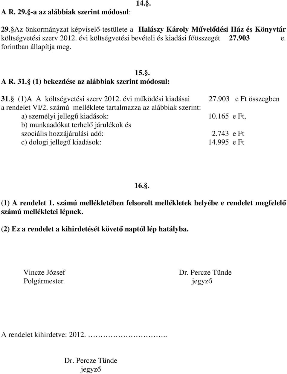 évi működési kiadásai 27.903 e Ft összegben a rendelet VI/2. számú melléklete tartalmazza az alábbiak szerint: a) személyi jellegű kiadások: 10.165 e Ft, b) munkaadókat terhelő járulékok és 2.