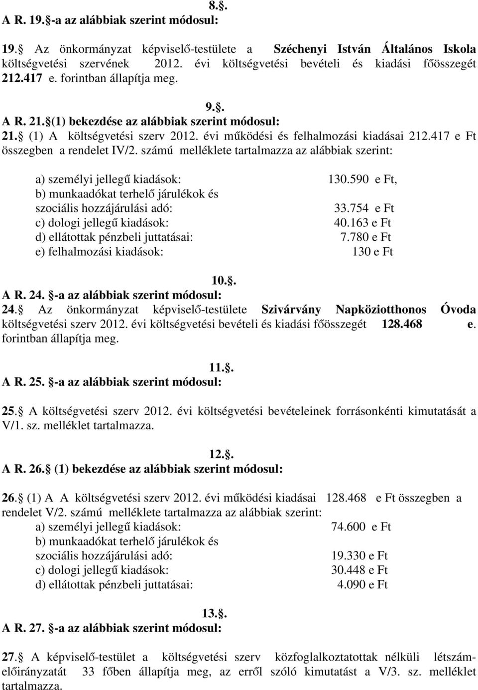 évi működési és felhalmozási kiadásai 212.417 e Ft összegben a rendelet IV/2. számú melléklete tartalmazza az alábbiak szerint: a) személyi jellegű kiadások: 130.