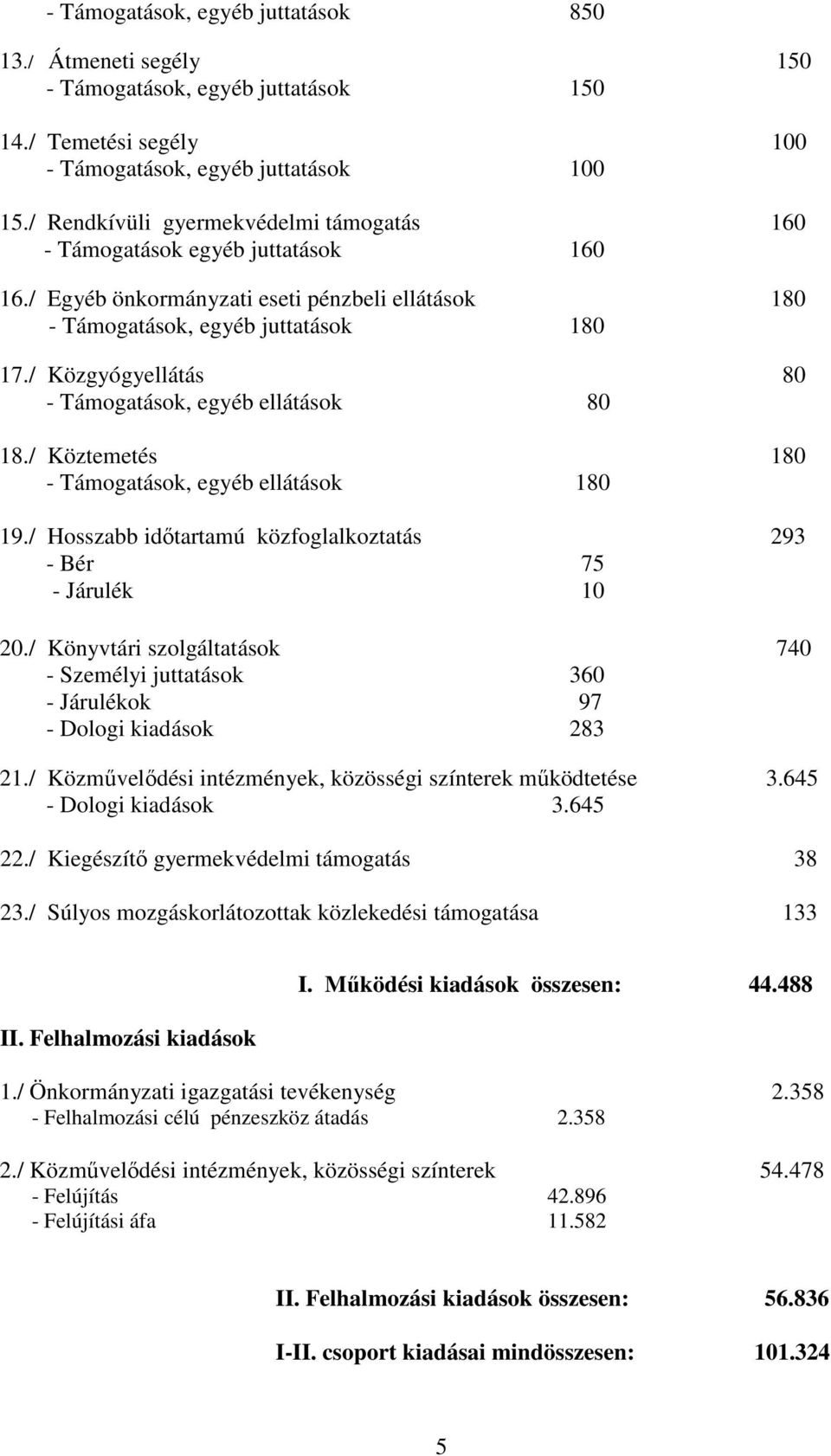 / Közgyógyellátás 80 - Támogatások, egyéb ellátások 80 18./ Köztemetés 180 - Támogatások, egyéb ellátások 180 19./ Hosszabb időtartamú közfoglalkoztatás 293 - Bér 75 - Járulék 10 20.