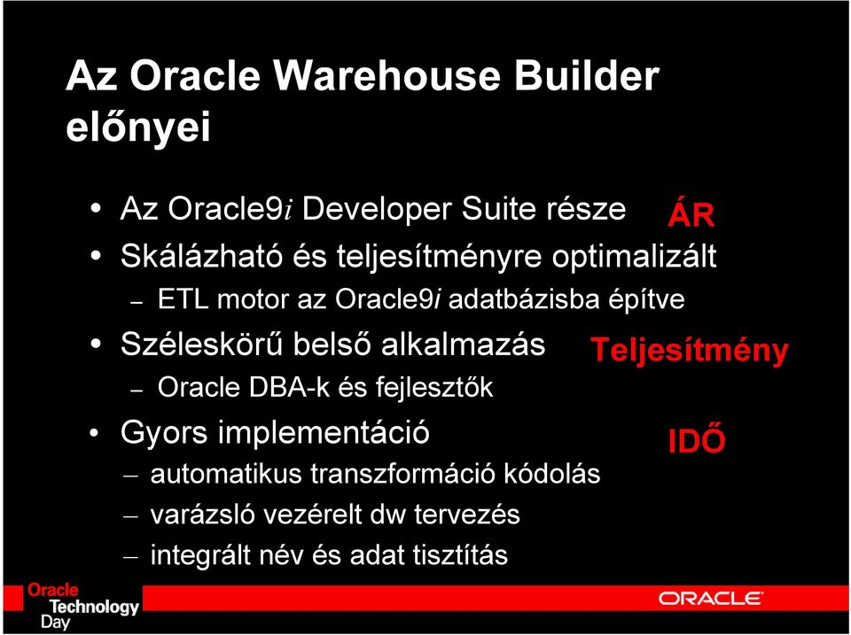 alkalmazás Oracle DBA-k és fejlesztők Gyors implementáció automatikus