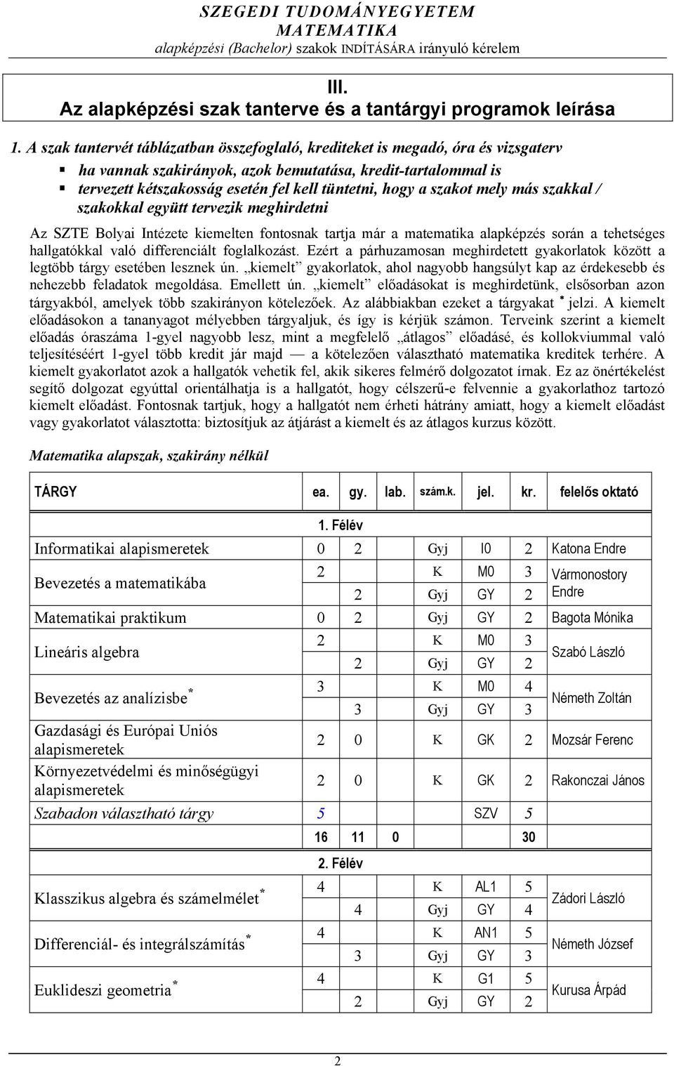 tervezett kétszakosság esetén fel kell tüntetni, hogy a szakot mely más szakkal / szakokkal együtt tervezik meghirdetni Az SZTE Bolyai Intézete kiemelten fontosnak tartja már a matematika alapképzés