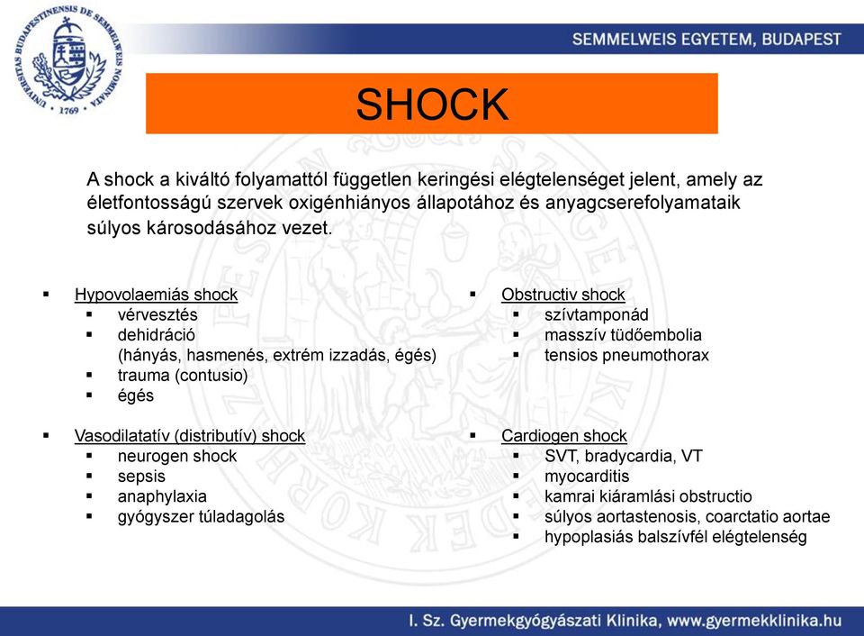 Hypovolaemiás shock vérvesztés dehidráció (hányás, hasmenés, extrém izzadás, égés) trauma (contusio) égés Vasodilatatív (distributív) shock neurogen