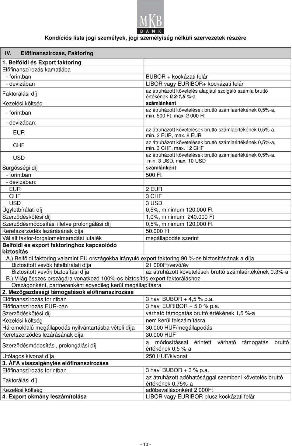 Faktorálási díj értékének 0,3-1,5 %-a Kezelési költség számlánként az átruházott követelések bruttó számlaértékének 0,5%-a, - forintban min. 500 Ft, max.