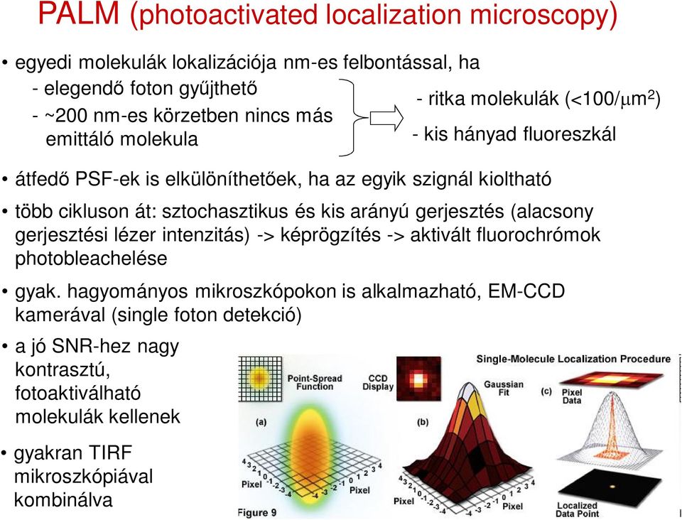 sztochasztikus és kis arányú gerjesztés (alacsony gerjesztési lézer intenzitás) -> képrögzítés -> aktivált fluorochrómok photobleachelése gyak.