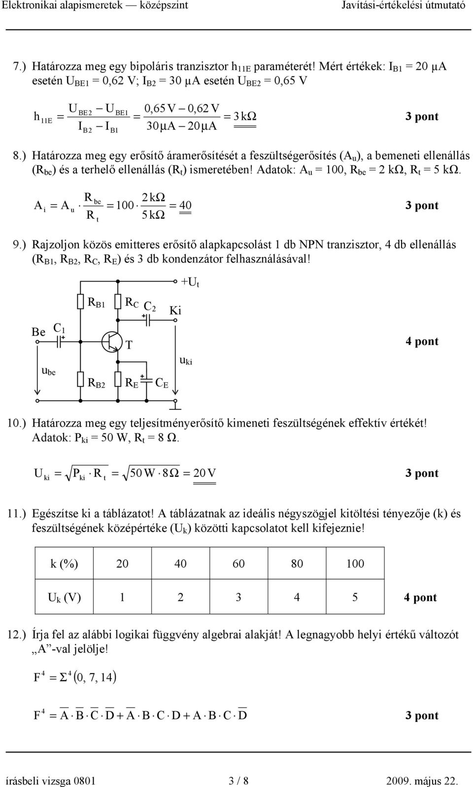 ) ajzoljon közös emitteres erősítő alapkapcsolást db NPN tranzisztor, 4 db ellenállás ( B, B,, E ) és 3 db kondenzátor felhasználásával! + t B Ki Be T 4 pont u be u ki B E E 0.