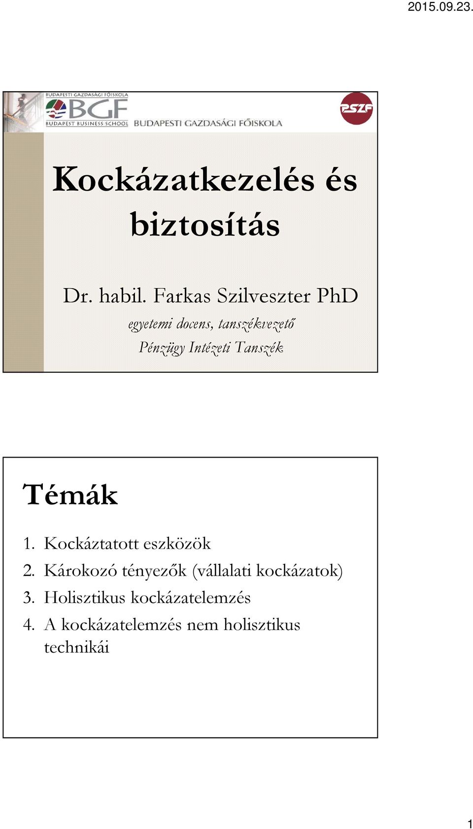 Intézeti Tanszék Témák 1. Kockáztatott eszközök 2.