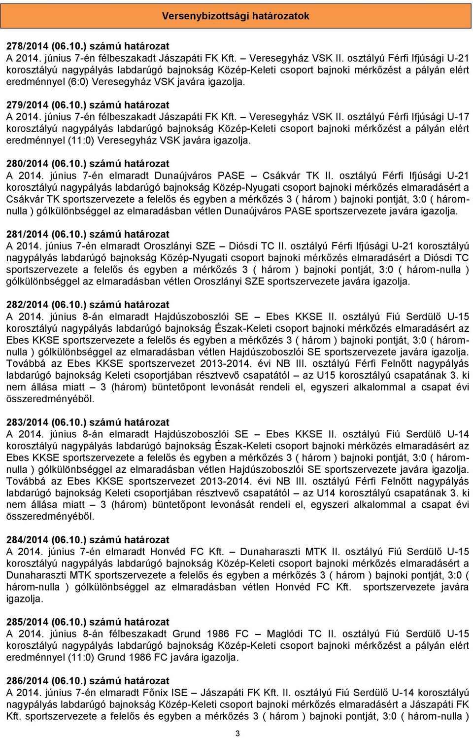 ) számú határozat A 2014. június 7-én félbeszakadt Jászapáti FK Kft. Veresegyház VSK II.