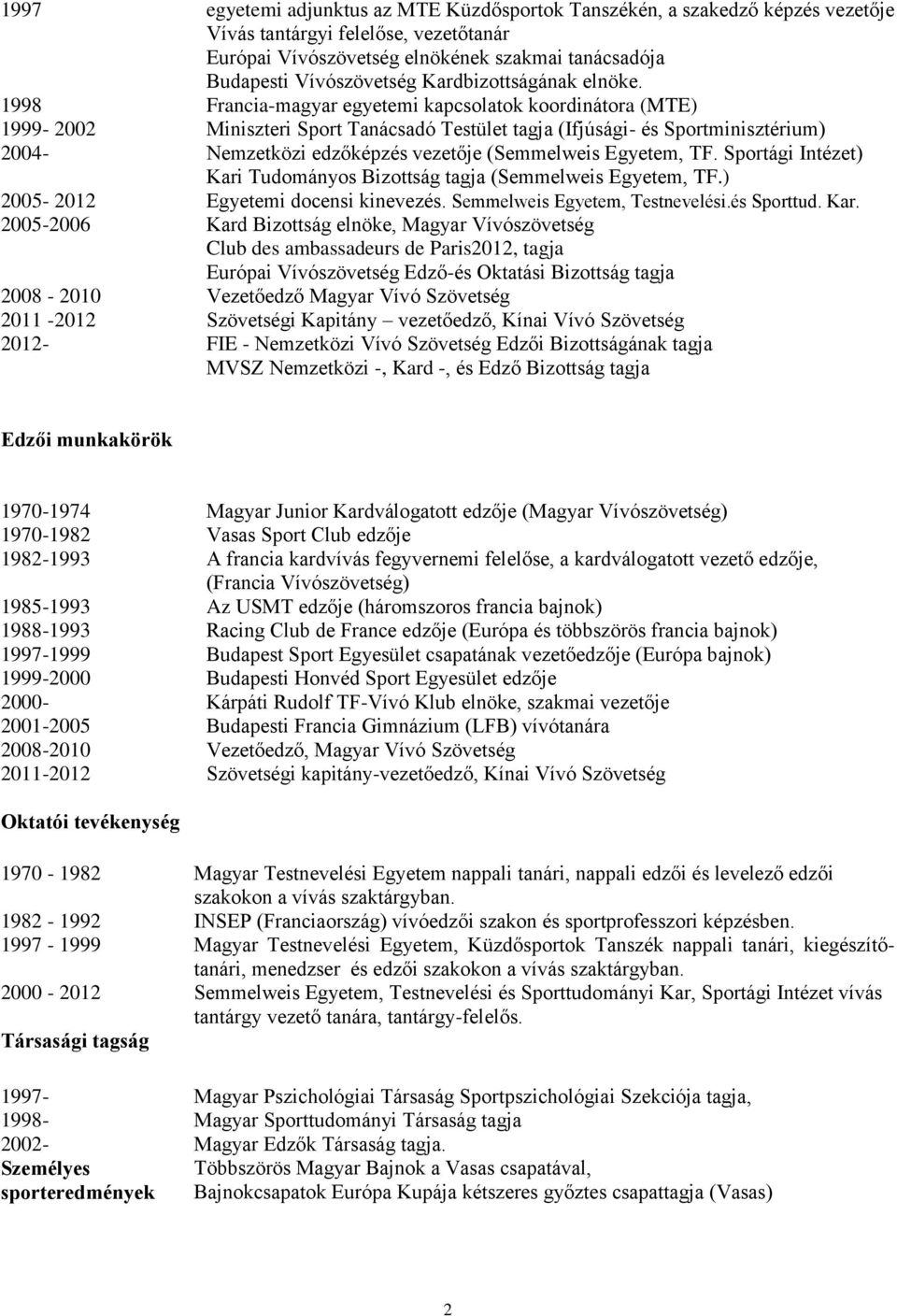 1998 Francia-magyar egyetemi kapcsolatok koordinátora (MTE) 1999-2002 Miniszteri Sport Tanácsadó Testület tagja (Ifjúsági- és Sportminisztérium) 2004- Nemzetközi edzőképzés vezetője (Semmelweis