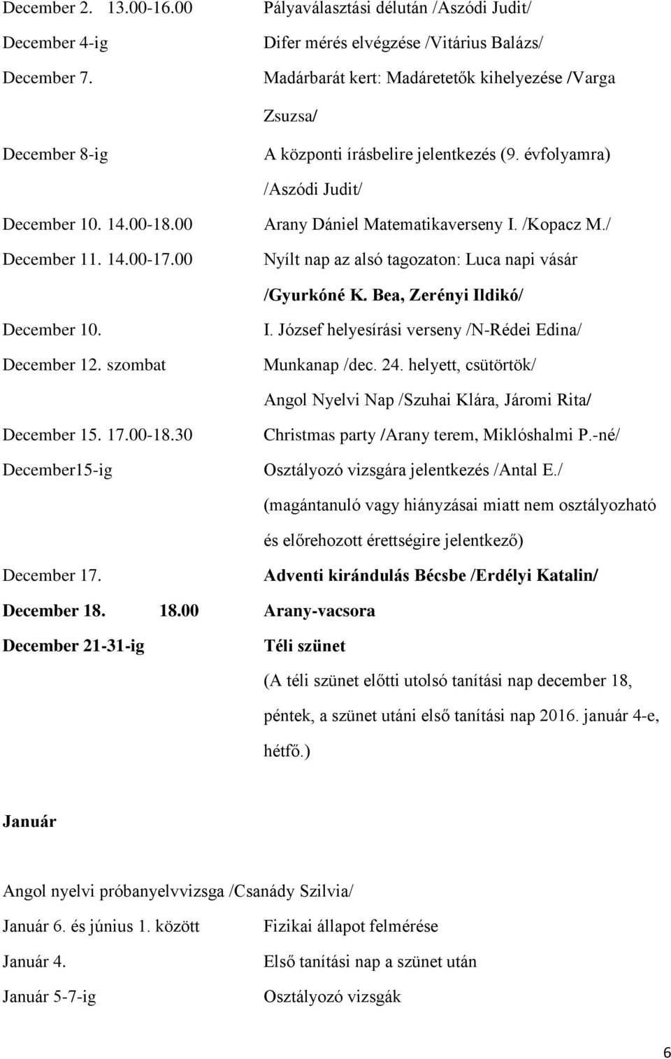 évfolyamra) /Aszódi Judit/ December 10. 14.00-18.00 December 11. 14.00-17.00 Arany Dániel Matematikaverseny I. /Kopacz M./ Nyílt nap az alsó tagozaton: Luca napi vásár /Gyurkóné K.