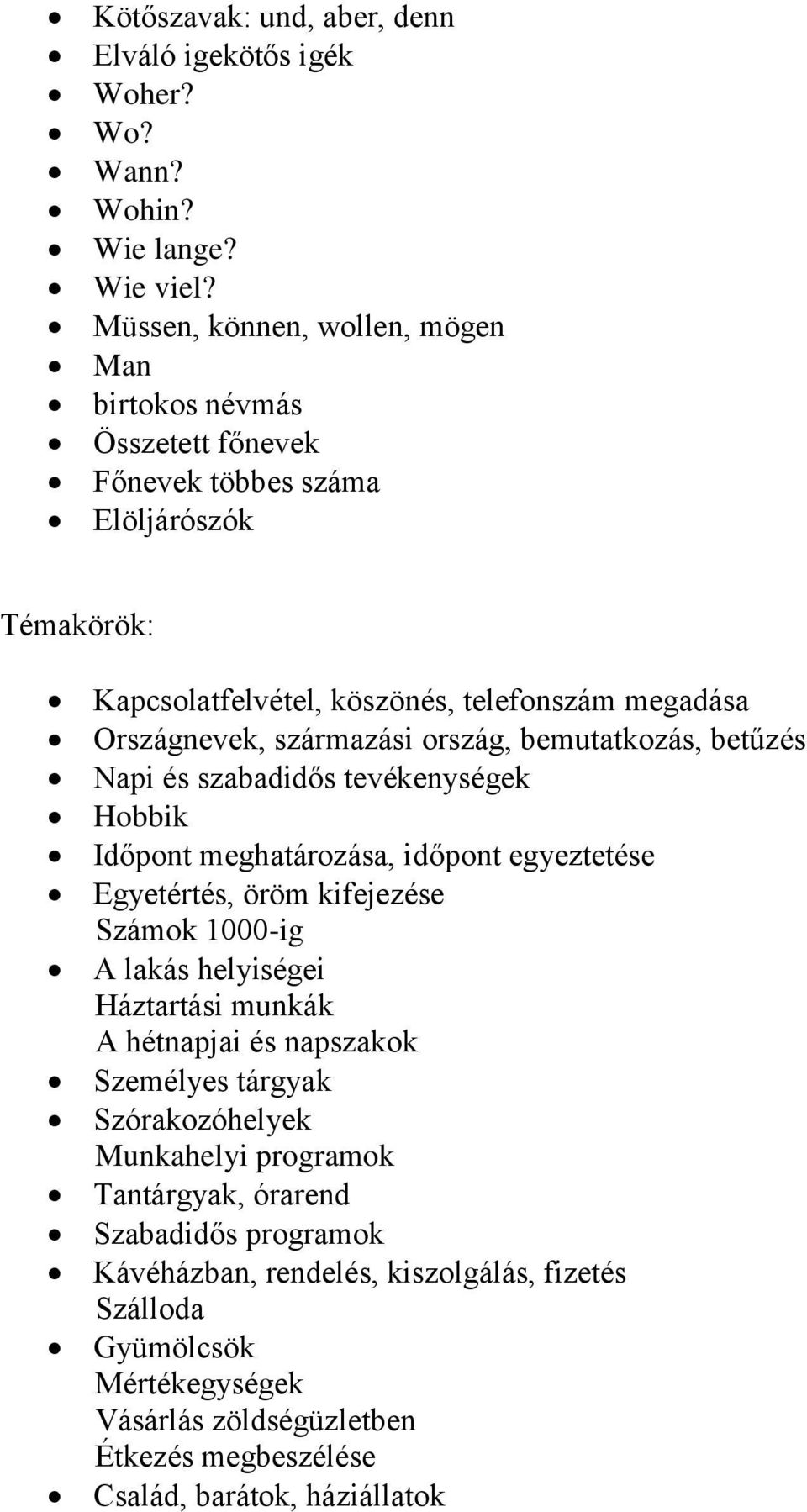 bemutatkozás, betűzés Napi és szabadidős tevékenységek Hobbik Időpont meghatározása, időpont egyeztetése Egyetértés, öröm kifejezése Számok 1000-ig A lakás helyiségei Háztartási