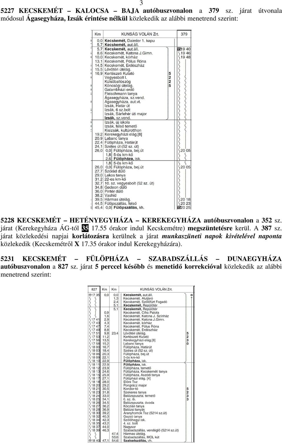 352 sz. járat (Kerekegyháza ÁG-tól 35 17.55 órakor indul Kecskemétre) megszüntetésre kerül. A 387 sz.