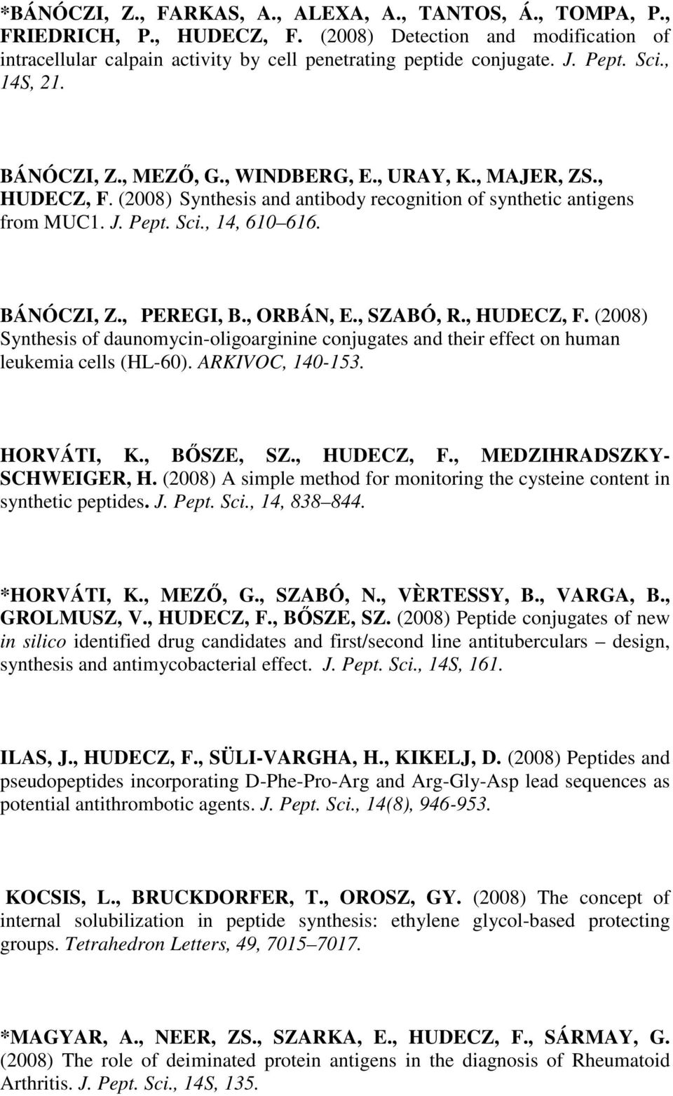 BÁNÓCZI, Z., PEREGI, B., ORBÁN, E., SZABÓ, R., HUDECZ, F. (2008) Synthesis of daunomycin-oligoarginine conjugates and their effect on human leukemia cells (HL-60). ARKIVOC, 140-153. HORVÁTI, K.