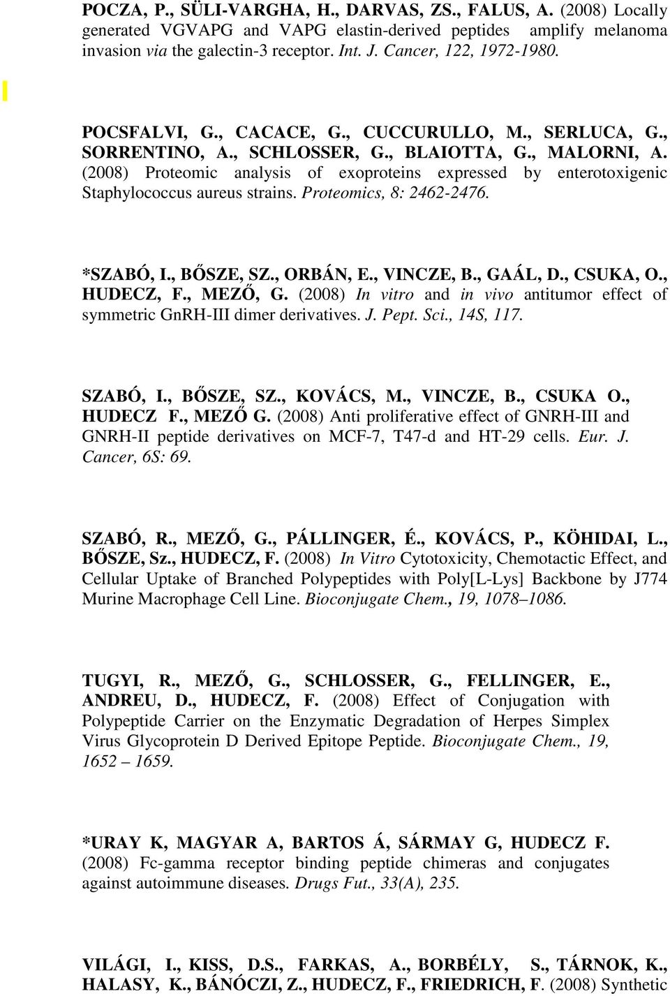 (2008) Proteomic analysis of exoproteins expressed by enterotoxigenic Staphylococcus aureus strains. Proteomics, 8: 2462-2476. *SZABÓ, I., BŐSZE, SZ., ORBÁN, E., VINCZE, B., GAÁL, D., CSUKA, O.