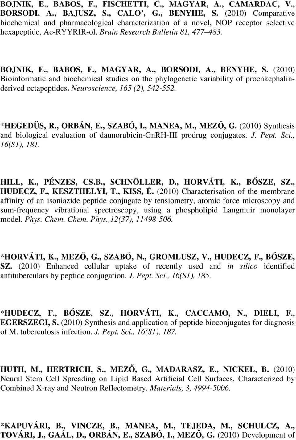 , BORSODI, A., BENYHE, S. (2010) Bioinformatic and biochemical studies on the phylogenetic variability of proenkephalinderived octapeptides. Neuroscience, 165 (2), 542-552. *HEGEDÜS, R., ORBÁN, E.