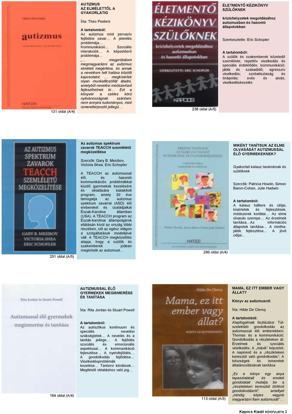 ki Ezt a könyvet a széles körű nyilvánosságnak szántam; nem annyira tudományos, mint ismeretterjesztő jellegű 236 oldal (A/5) ÉLETMENTŐ KÉZIKÖNYV SZÜLŐKNEK krízishelyzetek megoldásához autizmusban és