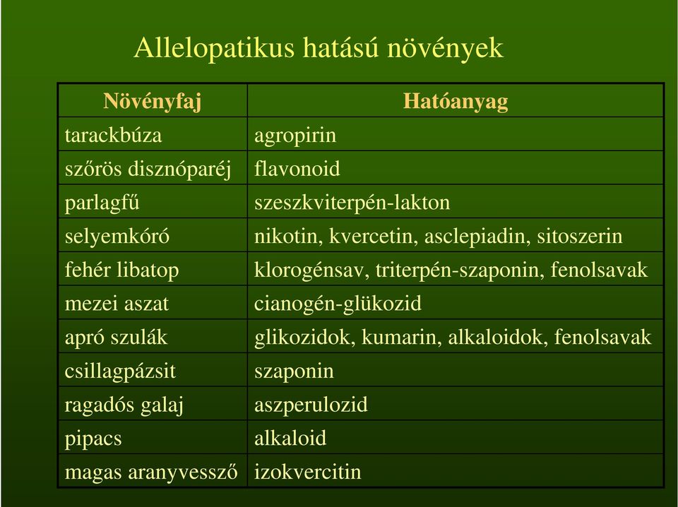 szeszkviterpén-lakton nikotin, kvercetin, asclepiadin, sitoszerin klorogénsav, triterpén-szaponin,