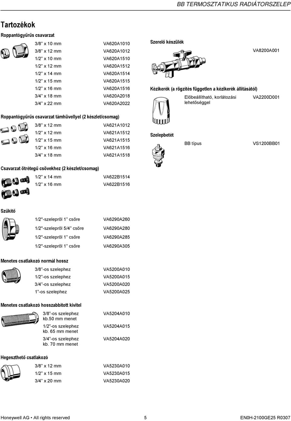 csavarzat támhüvellyel (2 készlet/csomag) 3/8 x 12 mm VA621A1012 1/2 x 12 mm VA621A1512 1/2 x 15 mm VA621A1515 1/2 x 16 mm VA621A1516 Szelepbetét BB típus VS1200BB01 3/4 x 18 mm VA621A1518 Csavarzat