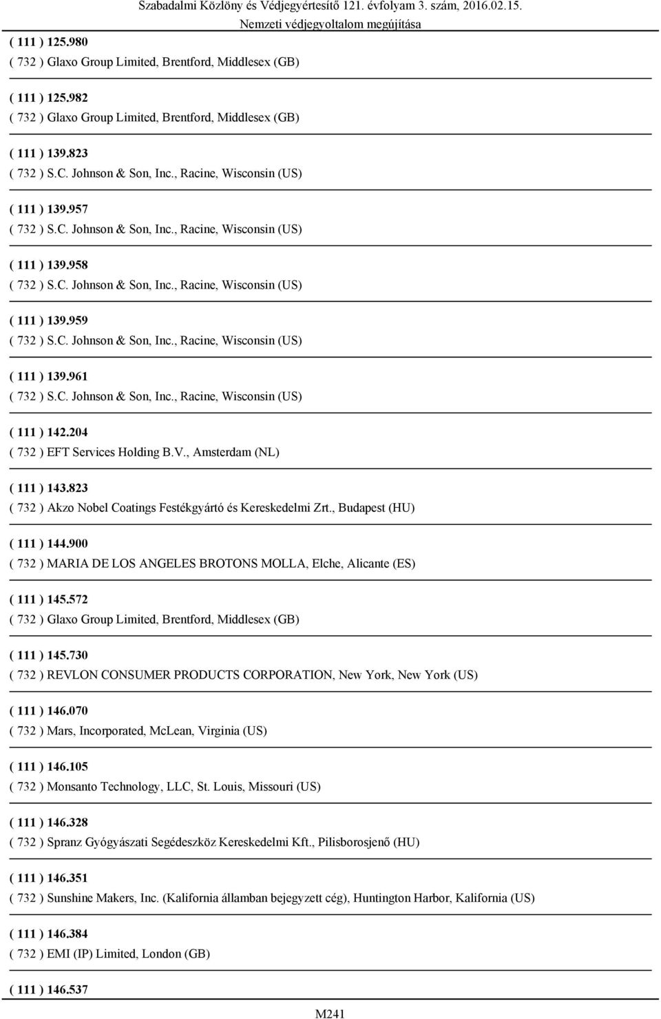 900 ( 732 ) MARIA DE LOS ANGELES BROTONS MOLLA, Elche, Alicante (ES) ( 111 ) 145.572 ( 111 ) 145.730 ( 732 ) REVLON CONSUMER PRODUCTS CORPORATION, New York, New York (US) ( 111 ) 146.