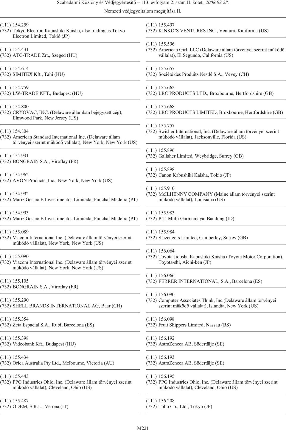 804 (732) American Standard International Inc. (Delaware állam (111) 154.931 (111) 154.962 (732) AVON Products, Inc., New York, New York (US) (111) 154.