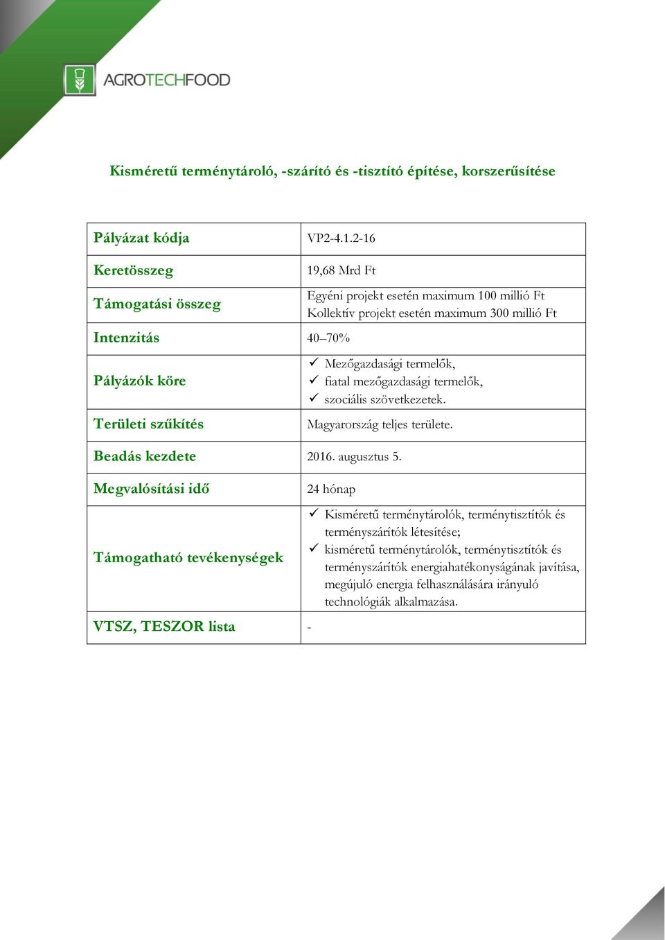 millió Ft Mezőgazdasági termelők, fiatal mezőgazdasági termelők, szociális szövetkezetek. Magyarország teljes területe. Beadás kezdete 2016. augusztus 5.