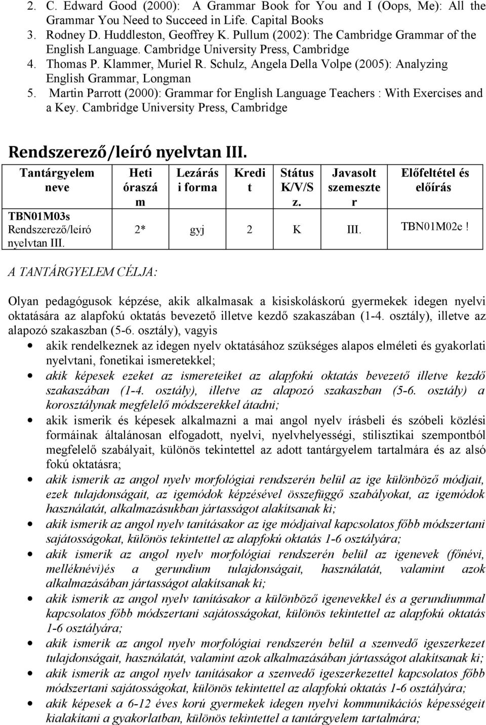 Schulz, Angela Della Volpe (2005): Analyzing English Grammar, Longman 5. Martin Parrott (2000): Grammar for English Language Teachers : With Exercises and a Key.