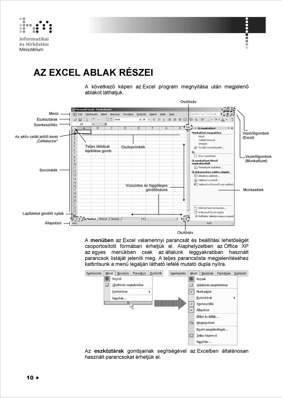 függőleges gördítősávok Munkaablak Lapfüleket gördítő nyilak Állapotsor Osztósáv A menüben az Excel valamennyi parancsát és beállítási lehetőségét csoportosított formában érhetjük el.