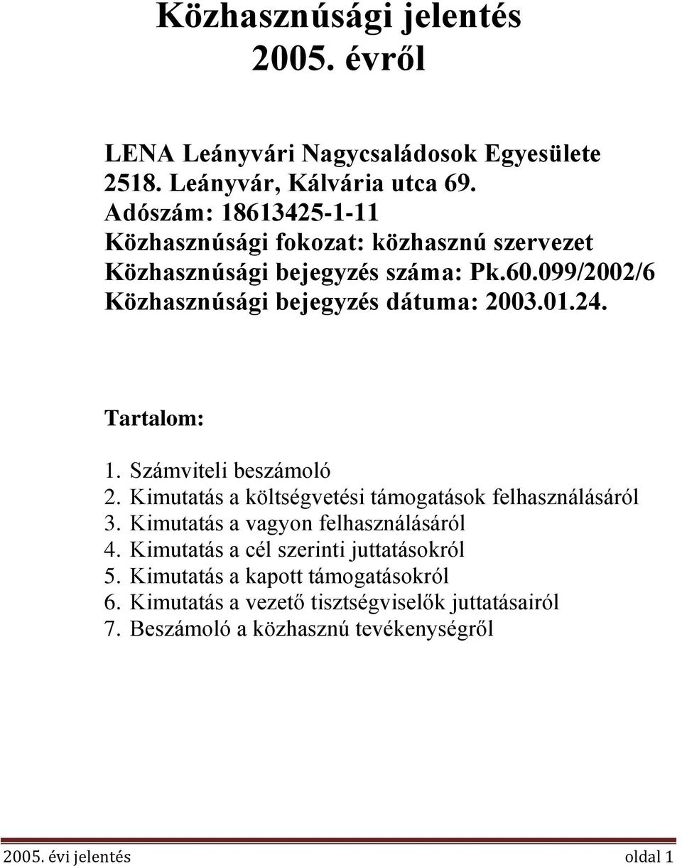 099/2002/6 Közhasznúsági bejegyzés dátuma: 2003.01.24. Tartalom: 1. Számviteli beszámoló 2. Kimutatás a költségvetési támogatások felhasználásáról 3.