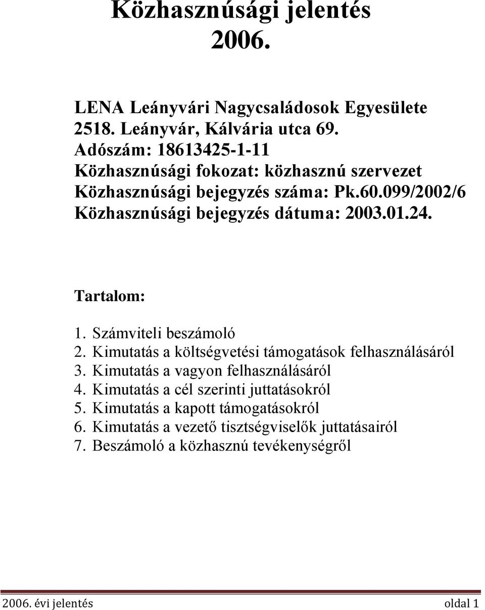 099/2002/6 Közhasznúsági bejegyzés dátuma: 2003.01.24. Tartalom: 1. Számviteli beszámoló 2.