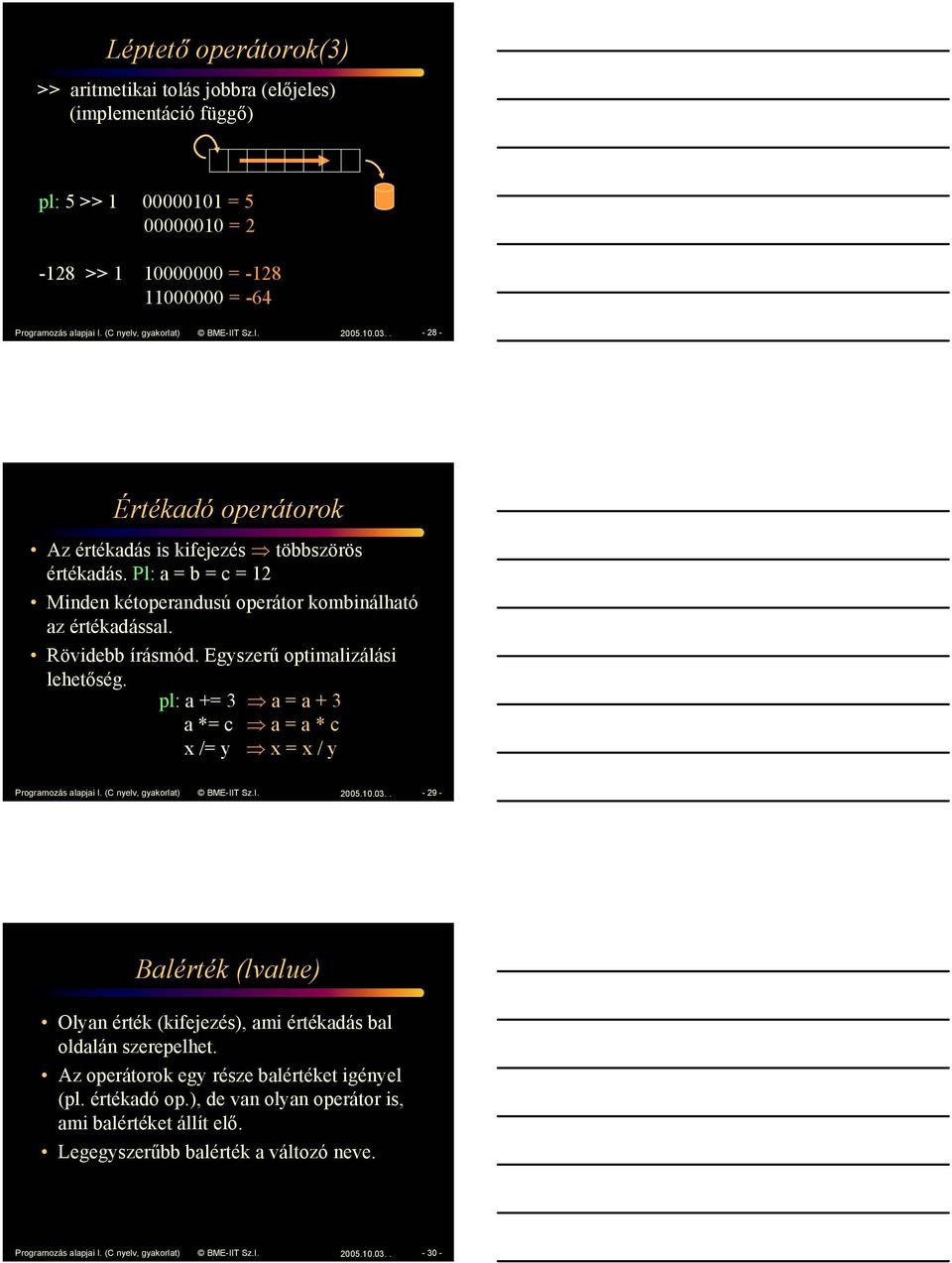 pl: a += 3 a = a + 3 a *= c a = a * c x /= y x = x / y Programozás alapja I. (C yelv, gyakorlat) BME-IIT Sz.I. 25..3.. -29- Balérték (lvalue) Olya érték (kfejezés), am értékadás bal oldalá szerepelhet.