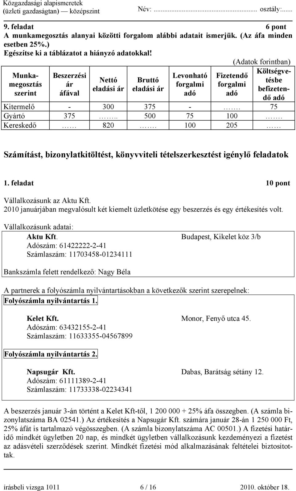 75 Gyártó 375.. 500 75 100. Kereskedő 820. 100 205 Számítást, bizonylatkitöltést, könyvviteli tételszerkesztést igénylő feladatok 1. feladat 10 pont Vállalkozásunk az Aktu Kft.