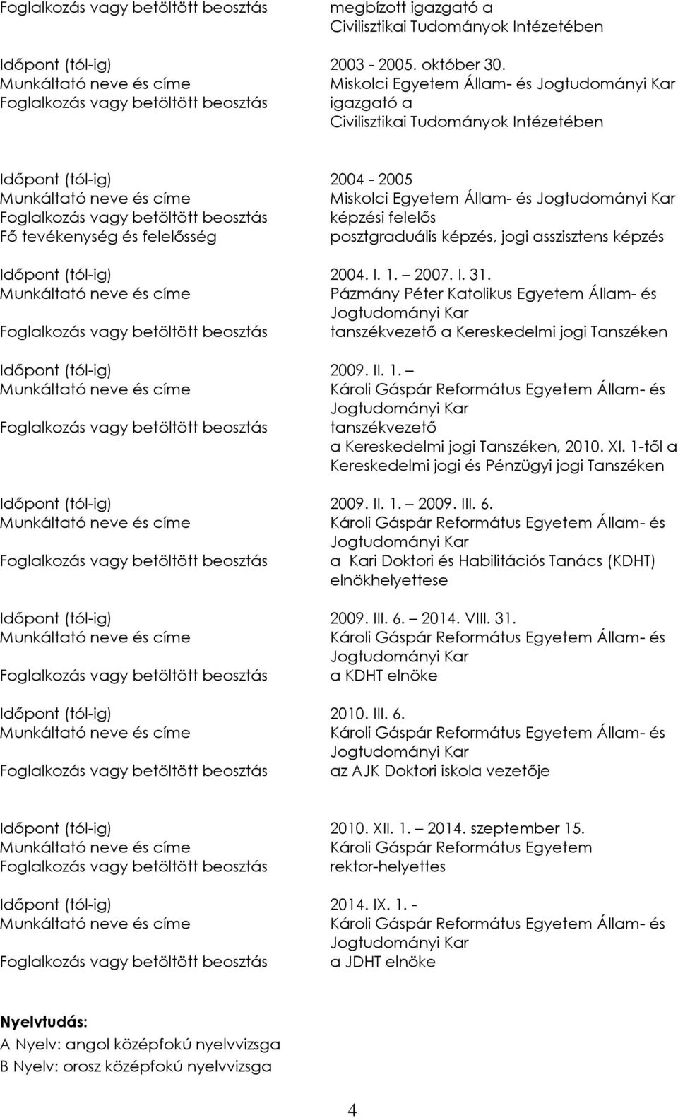 posztgraduális képzés, jogi asszisztens képzés Időpont (tól-ig) 2004. I. 1. 2007. I. 31.