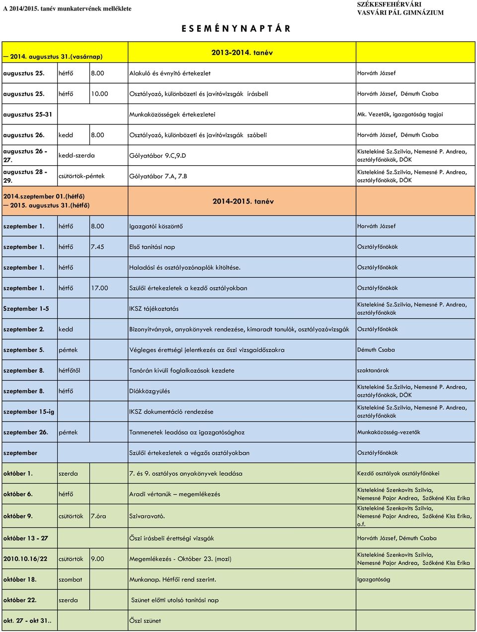 00 Osztályozó, különbözeti és javítóvizsgák írásbeli Horváth József, Démuth Csaba augusztus 25-31 Munkaközösségek értekezletei Mk. Vezetők, igazgatóság tagjai augusztus 26. kedd 8.