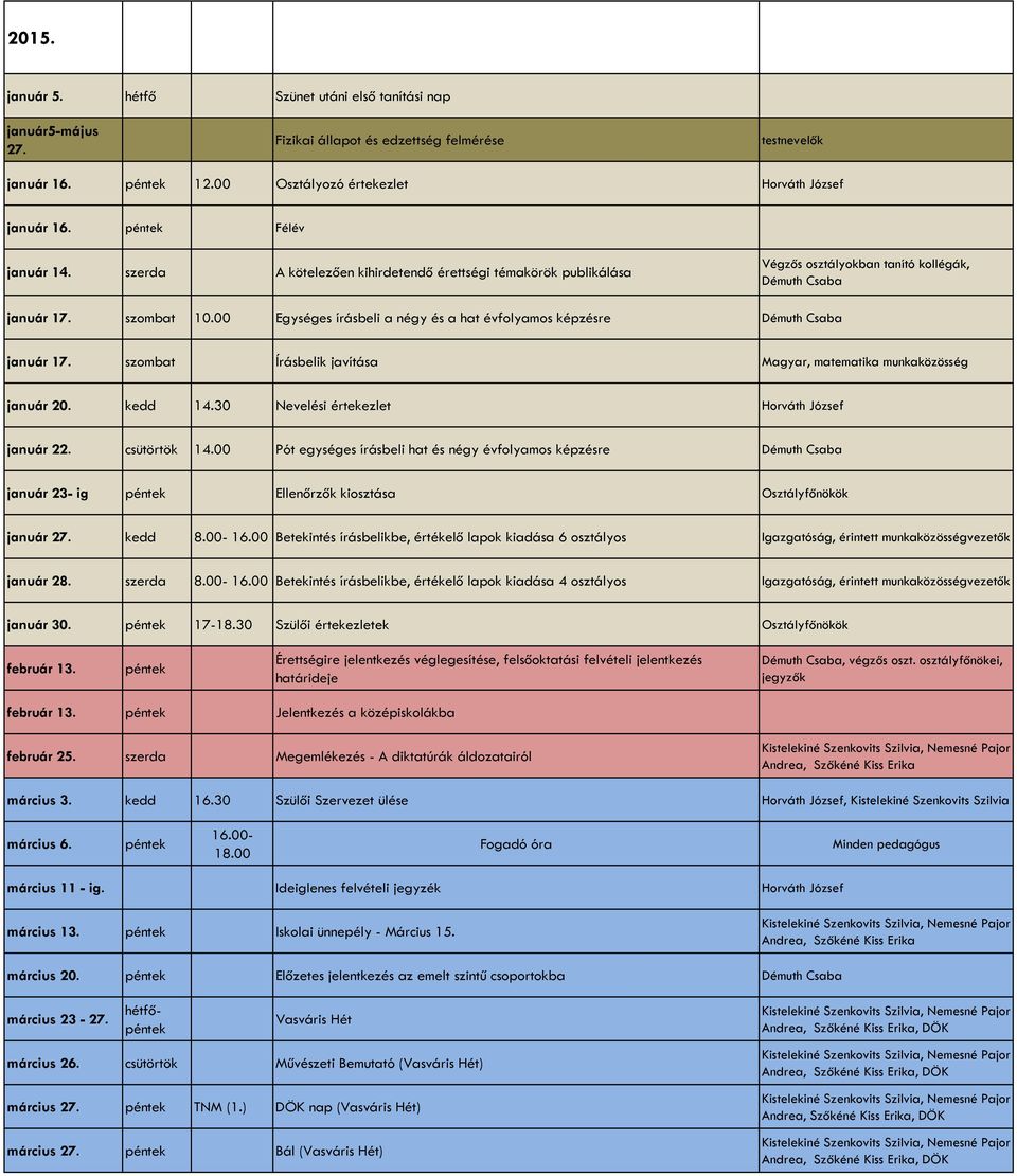 00 Egységes írásbeli a négy és a hat évfolyamos képzésre Démuth Csaba január 17. szombat Írásbelik javítása Magyar, matematika munkaközösség január 20. kedd 14.
