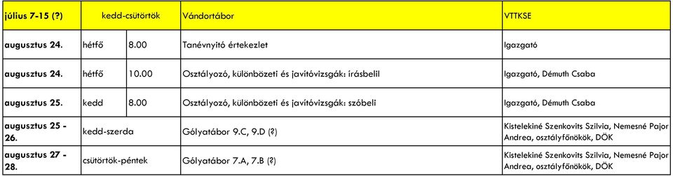 00 Osztályozó, különbözeti és javítóvizsgák: írásbelii Igazgató, Démuth Csaba augusztus 25. kedd 8.