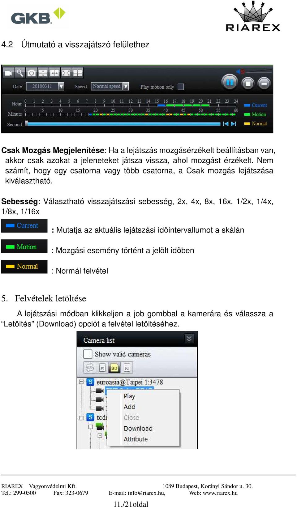 Sebesség: Választható visszajátszási sebesség, 2x, 4x, 8x, 16x, 1/2x, 1/4x, 1/8x, 1/16x : Mutatja az aktuális lejátszási időintervallumot a skálán : Mozgási