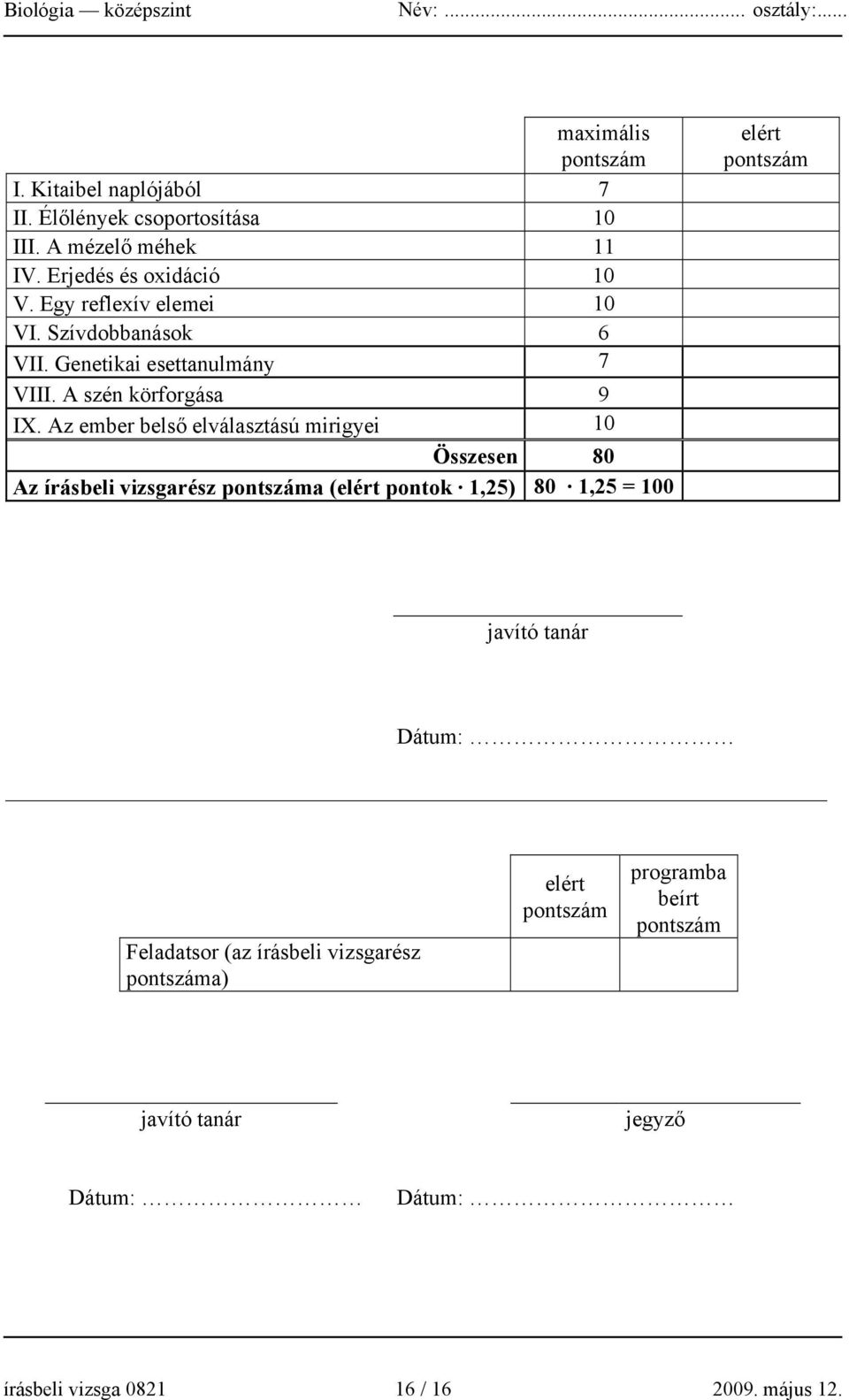 Az ember belső elválasztású mirigyei 10 Összesen 80 Az írásbeli vizsgarész pontszáma (elért pontok 1,25) 80 1,25 = 100 elért pontszám
