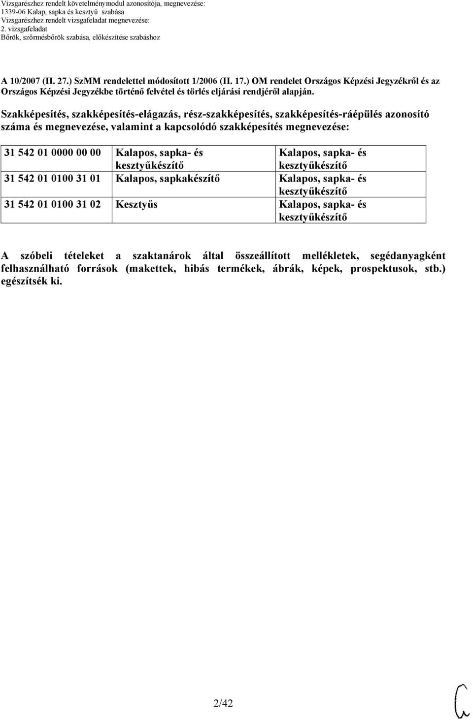 Szakképesítés, szakképesítés-elágazás, rész-szakképesítés, szakképesítés-ráépülés azonosító száma és megnevezése, valamint a kapcsolódó szakképesítés megnevezése: 1 5 01 0000 00 00 Kalapos,