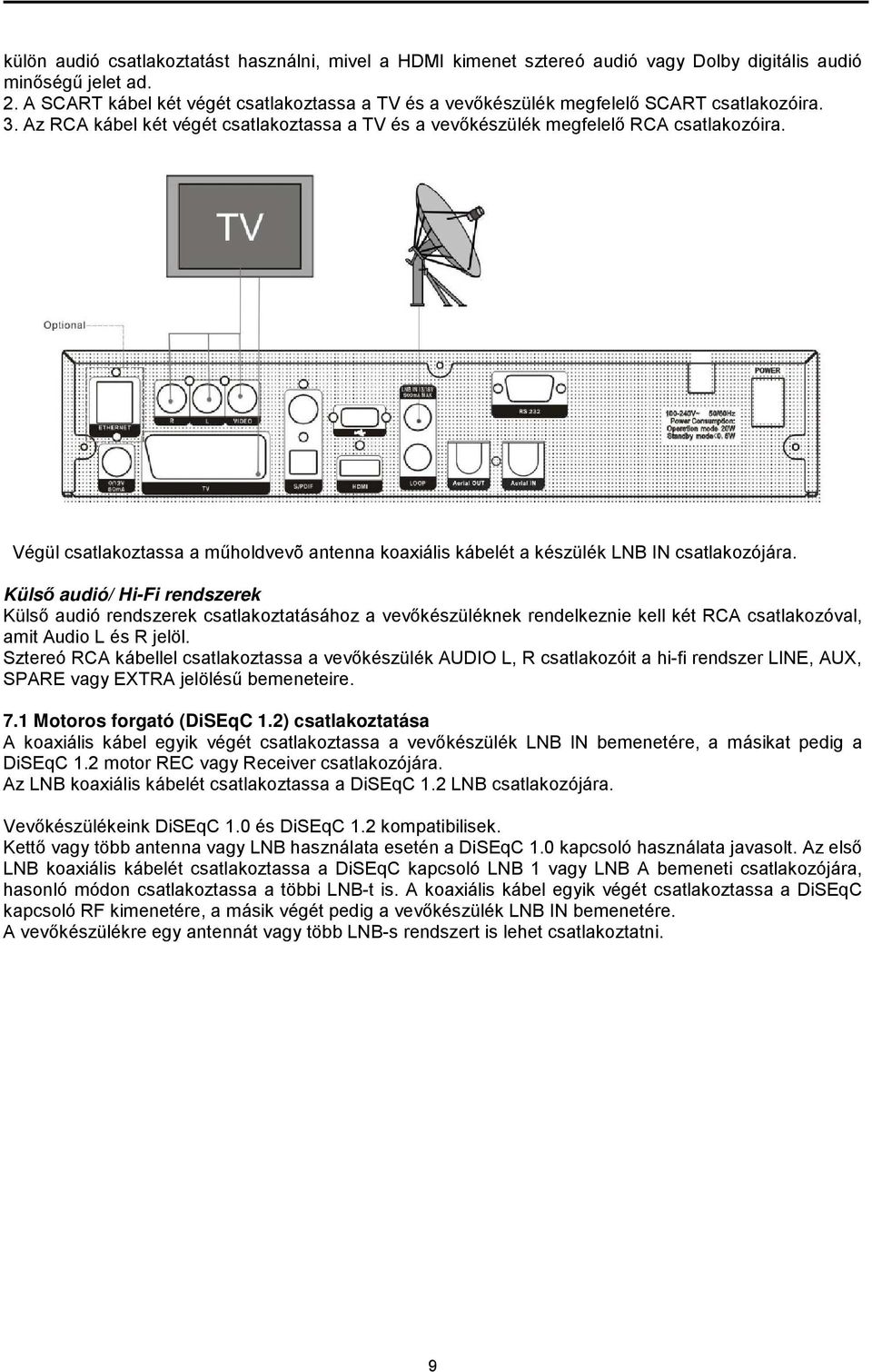 Végül csatlakoztassa a műholdvevõ antenna koaxiális kábelét a készülék LNB IN csatlakozójára.