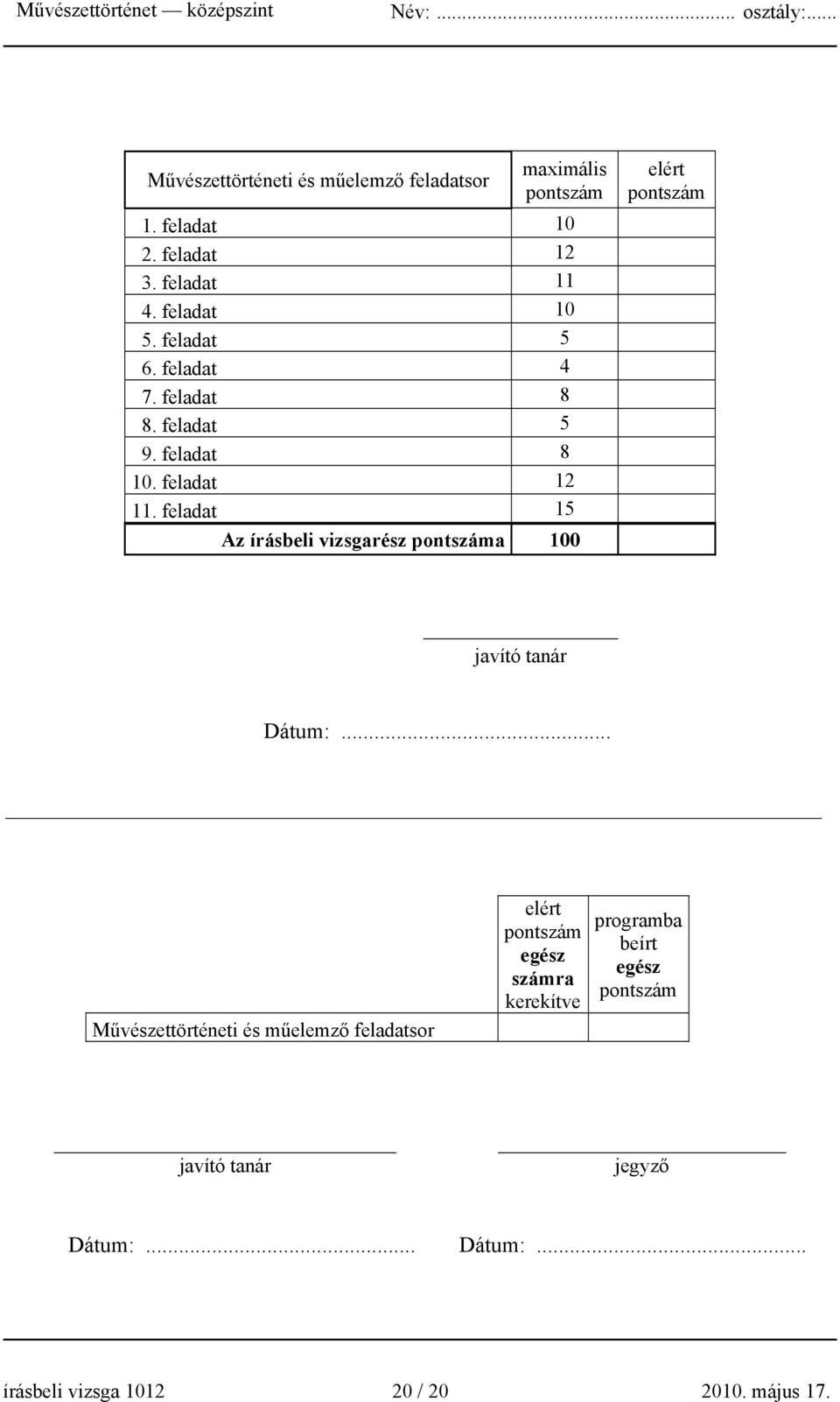 feladat 15 Az írásbeli vizsgarész pontszáma 100 elért pontszám javító tanár Dátum:.