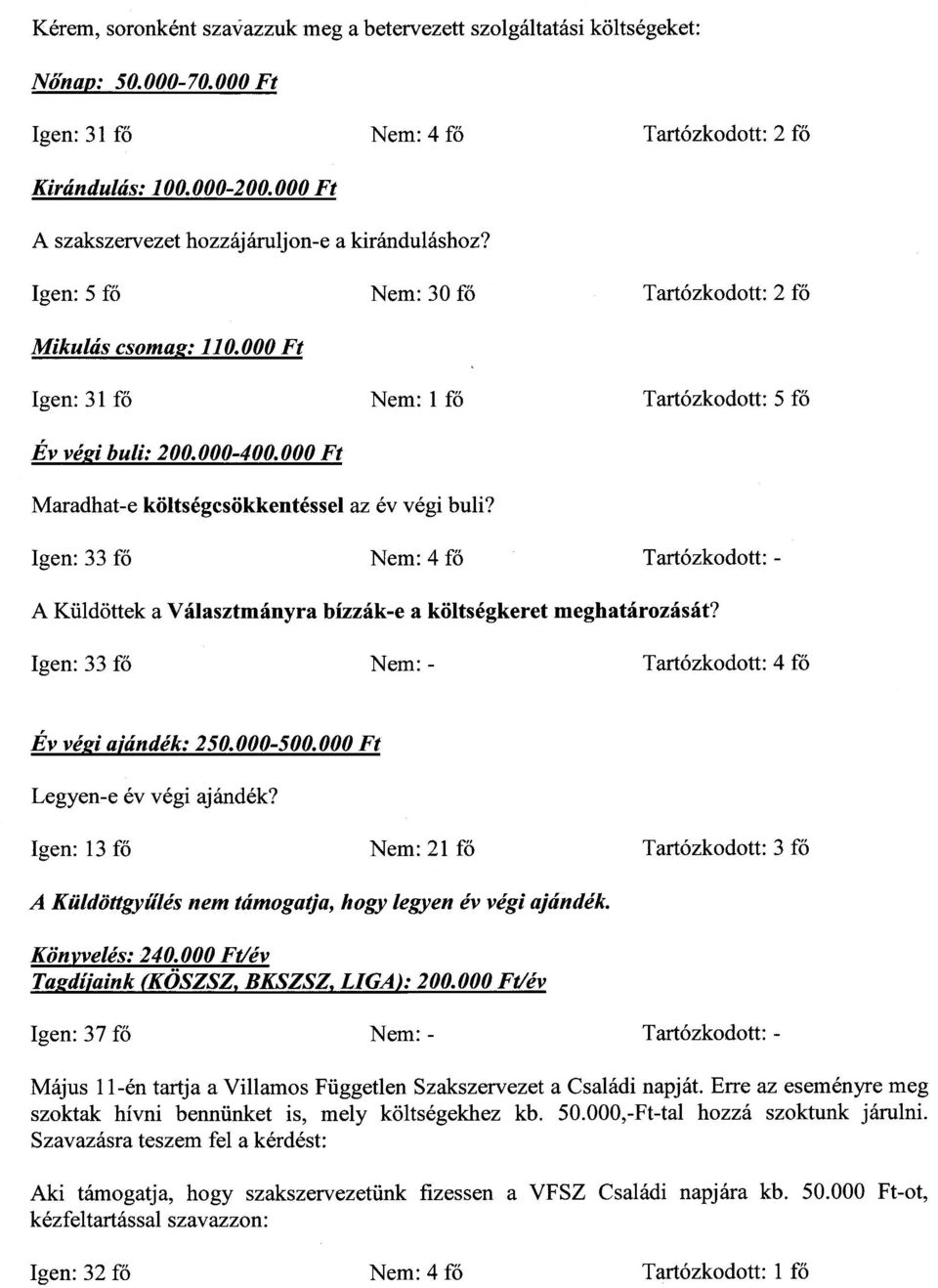 4 fo Igen: 33 fo Kiildottek Trtózkodott: Vá sztmányr bízzátk.e kiiltségkeret meghtározását? Igen: 33 fo Trtozkodott: 4 fo Évvégi ',,. 250.000500.000 Ft Legyene év végi Jándék?