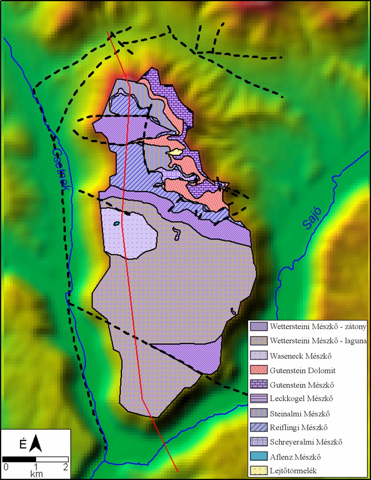 3. ábra: A mintaterület kőzettani térképe és egy É-D-i irányú geológiai szelvény (MELLO,1997 alapján).