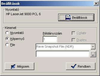 A program jelentéskészítő rendszere, nyomtatás Az alkalmazásban bármilyen nyomtatásra kerüljön is sor (kivéve recept nyomtatása) az alábbi ablak jelenik meg Nyomtató beállításai Amennyiben file-ba