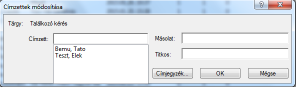 - 13 - Átnézendő napok száma mezőben módosítjuk az ott látható értéket, amelyet az Eszközök/Beállítások/Naptár/ Időpontkeresés menüben is megtehetünk. Találkozó címzetteinek módosítása 1.