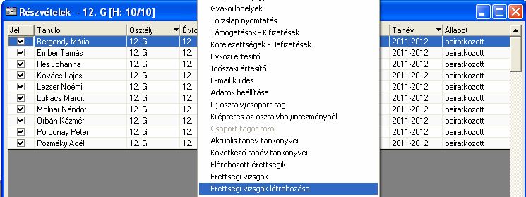 Érettségi vizsgázók kezelése Ahhoz, hogy az Aromo a következő tanév KIR-STAT jelentésében az érettségizettekről be tudjon számolni, meg kell jelölni az érettségi vizsgára jelentkezőket, majd a vizsga