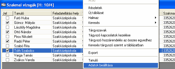 Szakmai vizsga eredmény megadása tanulónként 1.