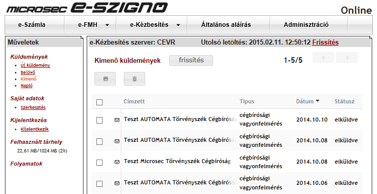 5.3.3 Kimenő A főmenü Kimenő menüpontjának segítségével tekintheti meg a kimenő küldeményeket. A listában látható az adott küldemény státusza is, ami lehet: hibás vagy elküldve.